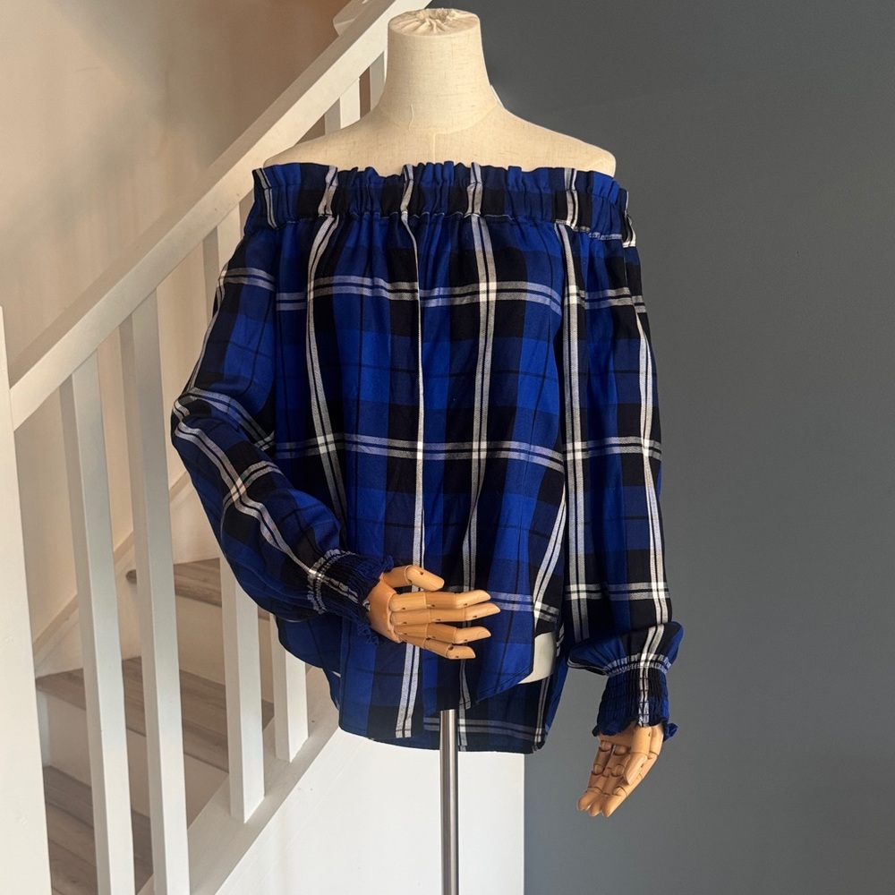 Sanctuary Blue and Black Plaid Off-Shoulder Blouse Size Medium